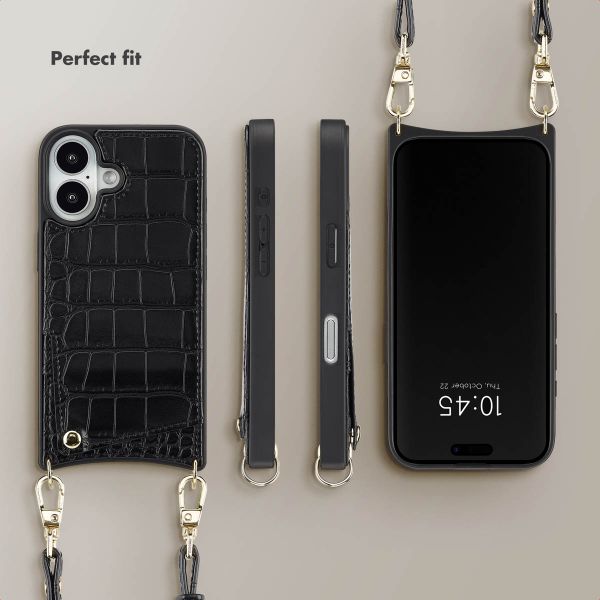 Selencia Nova Croco Phone Case with Cord and Card Holder Apple iPhone 16 - Black