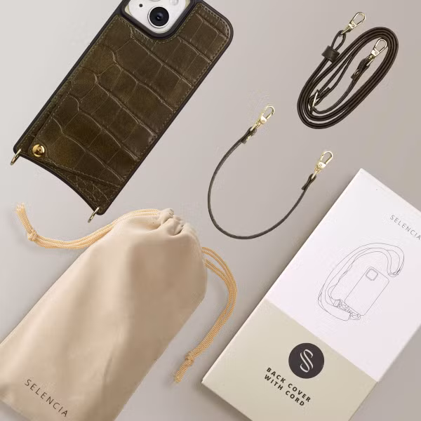 Selencia Nova Croco Telefoonhoes met Koord en Pashouder Apple iPhone 15 - Dark Olive