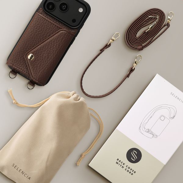 Selencia Sera Telefoonhoes met Koord en Envelop Pashouder Apple iPhone 18 Pro / 17 Pro - Chocolate Brown
