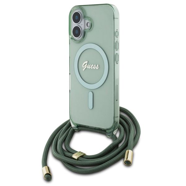 Guess MagSafe IML Backcover met crossbody cord iPhone 16 - Groen