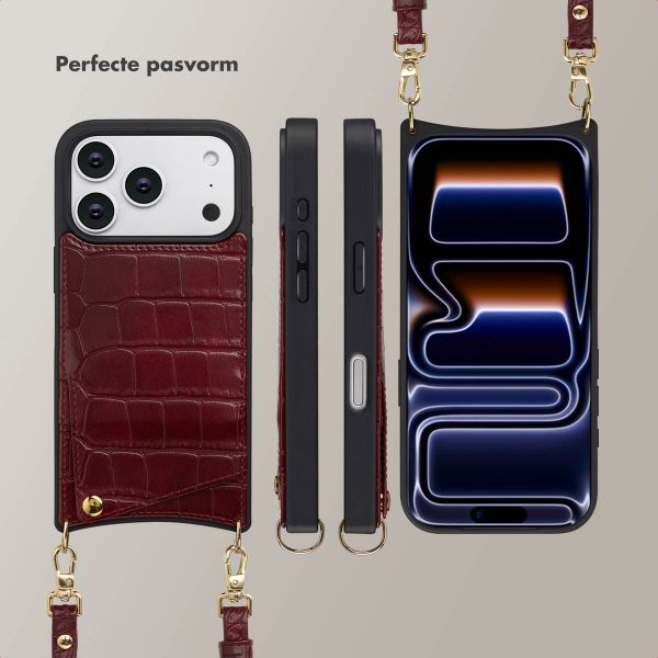 Selencia Nova Croco Telefoonhoes met Koord en Pashouder Apple iPhone 17 Pro - Burgundy