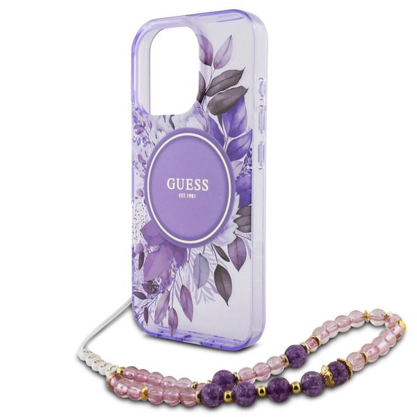Guess MagSafe IML Flowers Case met beads strap Apple iPhone 15 Pro Max - Purple