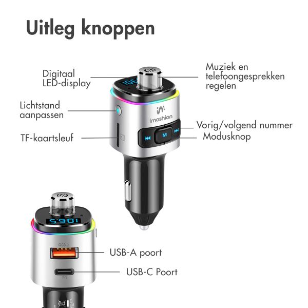 imoshion Bluetooth FM Transmitter Auto - met Power Delivery USB-C oplaadpoort - Zwart / Zilver