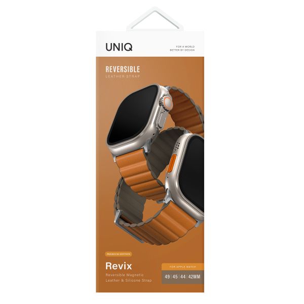 Uniq Revix Premium Edition dubbelzijdig bandje Apple Watch Series 1 t/m 10 / SE / Ultra (2) (44/45/46/49 mm) - Khaki/Saffron Orange