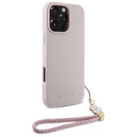 Guess Grained Backcover MagSafe met Flower Charm Strap iPhone 16 Pro - Roze