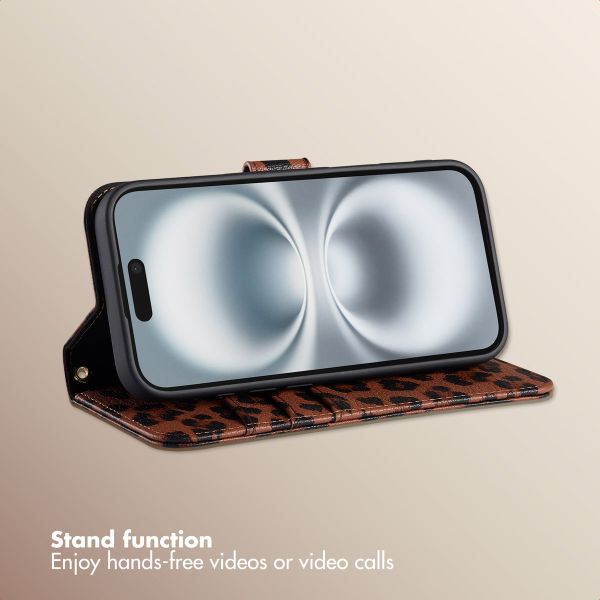 Selencia Sabi Bookcase with Leopard Print Apple iPhone 16 - Mocha Brown