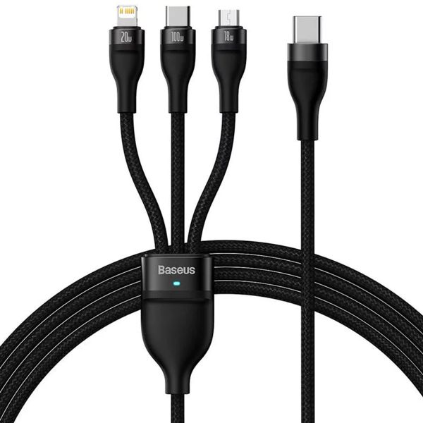 Baseus Flash Series 2 - 3-in-1 snellaadkabel - USB-C naar USB-C / Lightning / Micro-USB - 100 Watt - 1,5 meter - Zwart