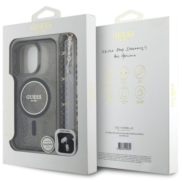Guess MagSafe IML Glitter Case met beads strap Apple iPhone 16 Pro - Zwart