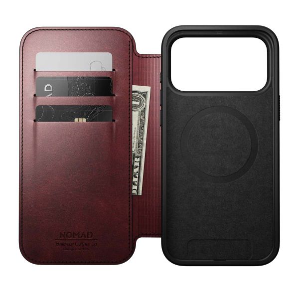 Nomad Modern Horween Leather Folio Bookcase met MagSafe Apple iPhone 17 Pro Max - Burgundy