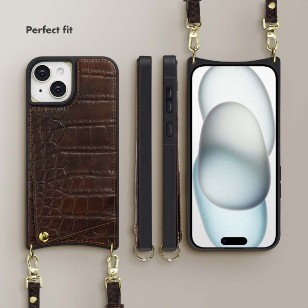 Selencia Nova Croco Phone Case with Cord and Card Holder Apple iPhone 15 - Choco Brown
