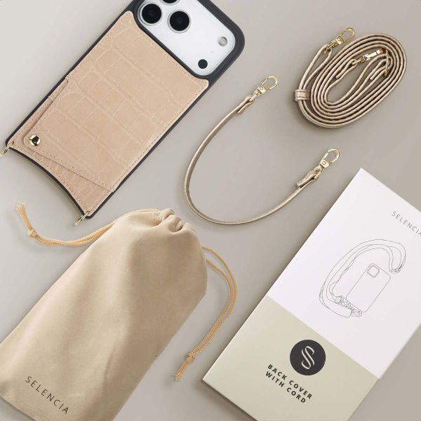 Selencia Nova Croco Telefoonhoes met Koord en Pashouder Apple iPhone 18 Pro Max / 17 Pro Max - Beige