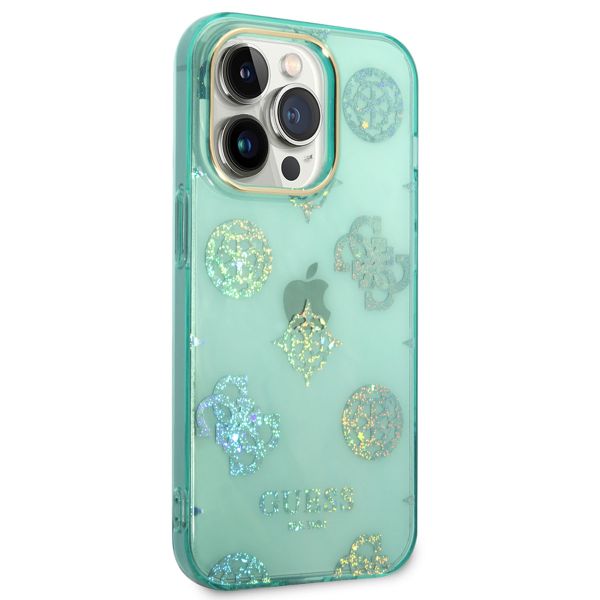 Guess Peony Glitter Backcover iPhone 14 Pro - Turquoise