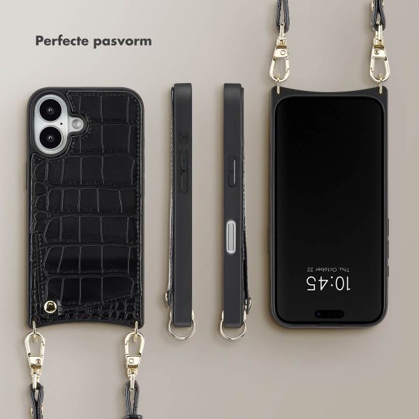 Selencia Nova Croco Backcover met koord en pashouder iPhone 16 - Black