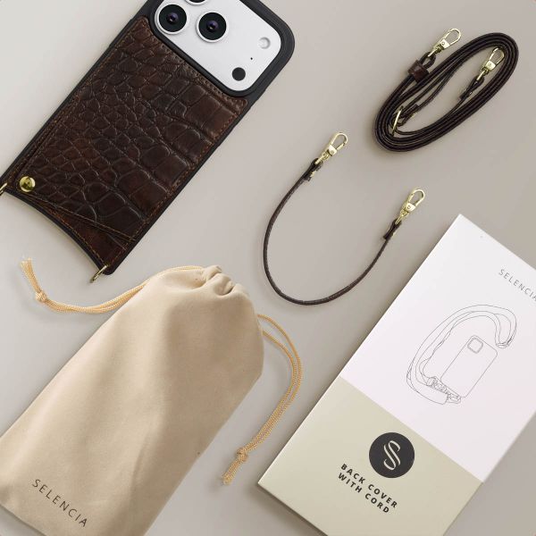 Selencia Nova Croco Phone Case with Cord and Card Holder Apple iPhone 17 Pro - Choco Brown