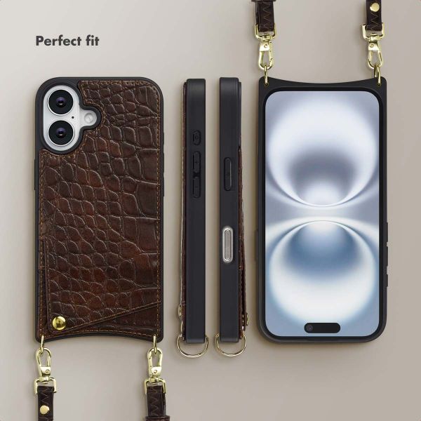 Selencia Nova Croco Phone Case with Cord and Card Holder Apple iPhone 16 - Choco Brown