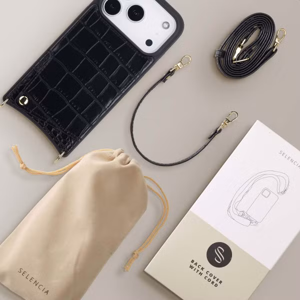 Selencia Nova Croco Telefoonhoes met Koord en Pashouder Apple iPhone 17 Pro - Zwart