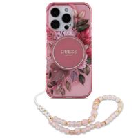 Guess MagSafe IML Flowers Case met beads strap iPhone 16 Pro Max - Pink