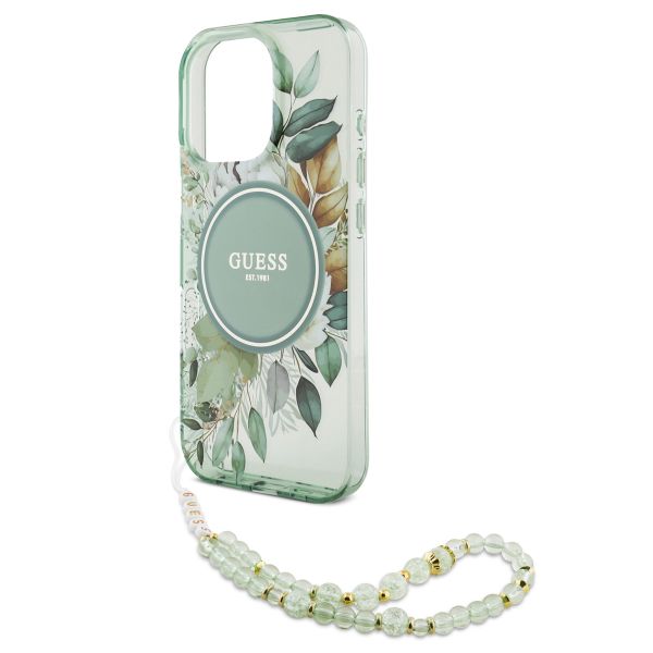 Guess MagSafe IML Flowers Case met beads strap iPhone 16 Pro - Green