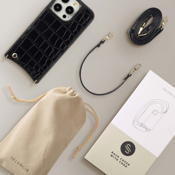 Selencia Nova Croco Phone Case with Cord and Card Holder Apple iPhone 14 Pro - Black