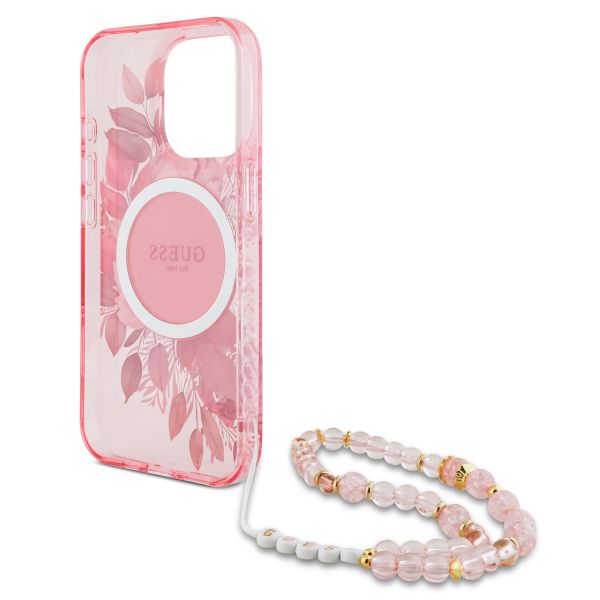 Guess MagSafe IML Flowers Case met beads strap Apple iPhone 15 Pro - Pink