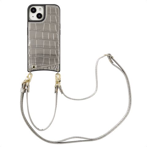 Selencia Nova Croco Telefoonhoes met Koord en Pashouder Apple iPhone 15 - Zilver