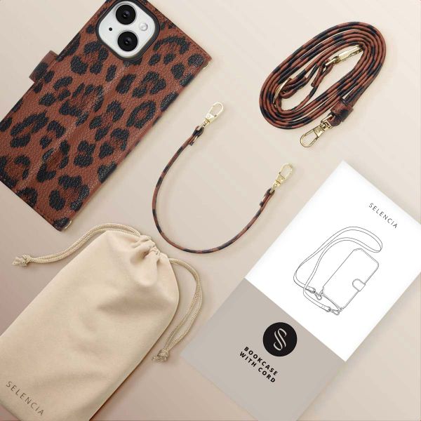 Selencia Sabi Bookcase with Leopard Print Apple iPhone 15 - Mocha Brown