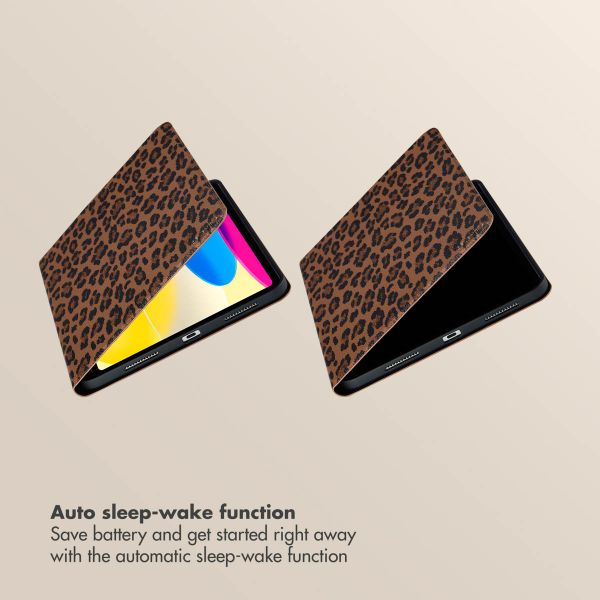 Selencia Sabi Bookcase with Leopard Print Apple iPad 11 (2025) 11 inch A16 / iPad 10 (2022) 10.9 inch - Mocha Brown