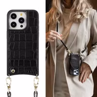 Selencia Nova Croco Telefoonhoes met Koord en Pashouder Apple iPhone 15 Pro - Zwart