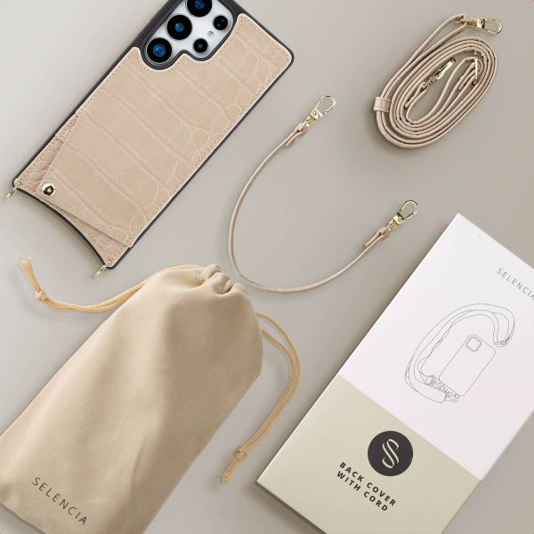 Selencia Nova Croco Telefoonhoes met Koord en Pashouder Samsung Galaxy S25 Ultra - Beige