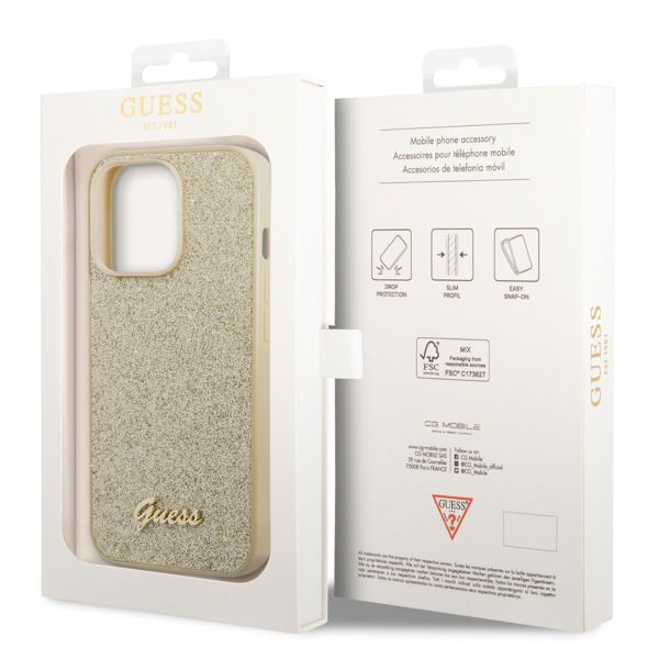 Guess Glitter Flakes Backcover iPhone 14 Pro Max - Goud