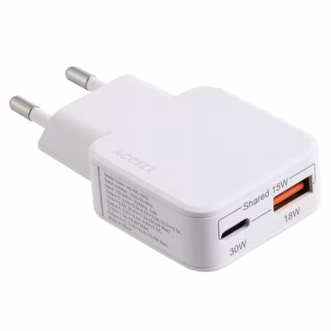 Accezz Ultra Slim GaN Oplader - USB-C + USB-A - 30W - Wit