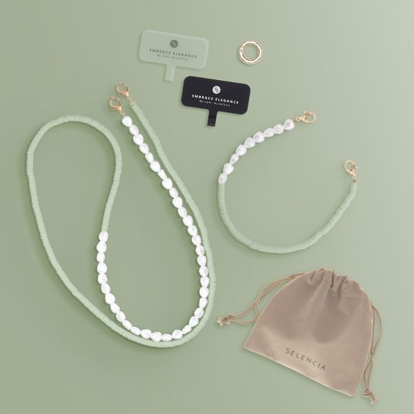 Selencia Telefoonkoorden set met Parels en Elastiekjes - Pistache Cream