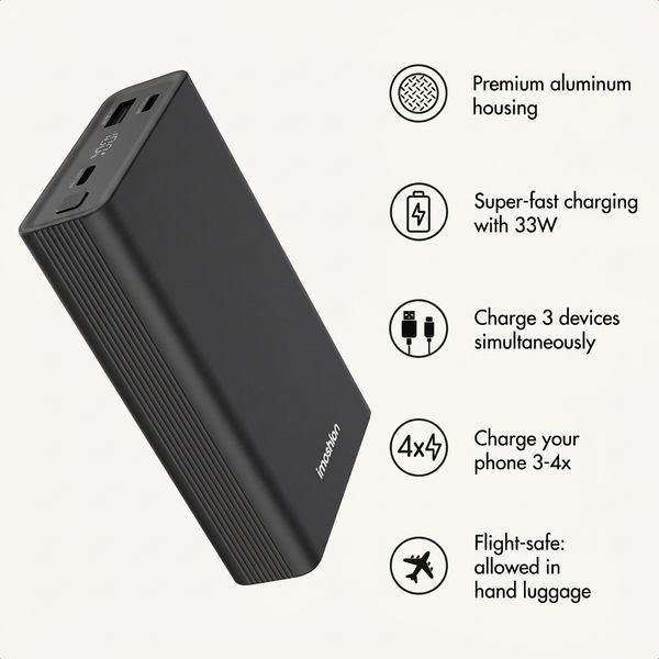 imoshion Ultra Series Aluminium Powerbank 20,000 mAh - Quick Charge and Power Delivery - Black