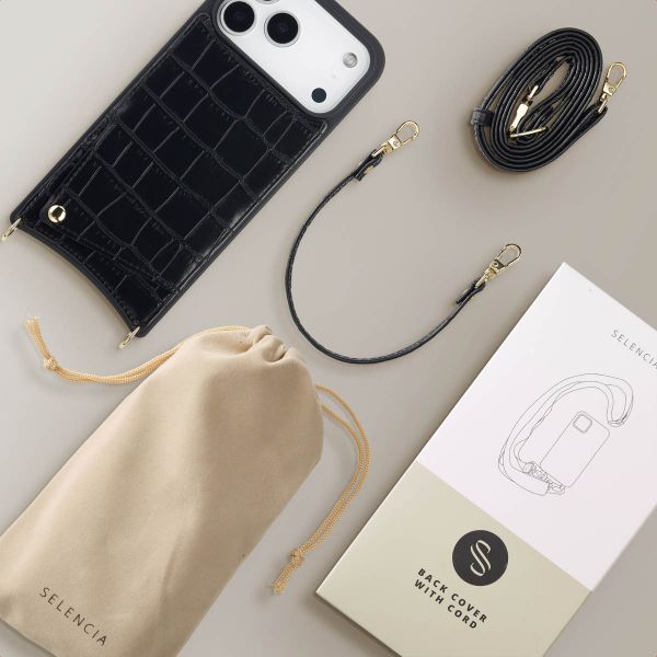 Selencia Nova Croco Phone Case with Cord and Card Holder Apple iPhone 17 Pro Max - Black