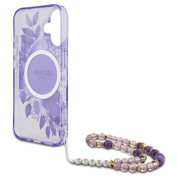 Guess MagSafe IML Flowers Case met beads strap iPhone 16 - Purple