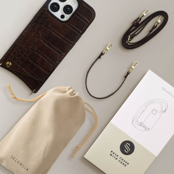 Selencia Nova Croco Telefoonhoes met Koord en Pashouder Apple iPhone 16 Pro - Choco Brown