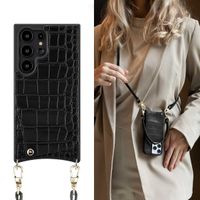 Selencia Nova Croco Telefoonhoes met Koord en Pashouder Samsung Galaxy S24 Ultra - Zwart