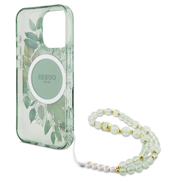 Guess MagSafe IML Flowers Case met beads strap Apple iPhone 16 Pro Max - Green