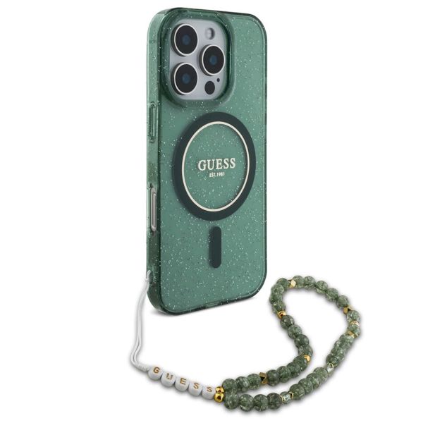 Guess MagSafe IML Glitter Case met beads strap Apple iPhone 16 Pro - Green