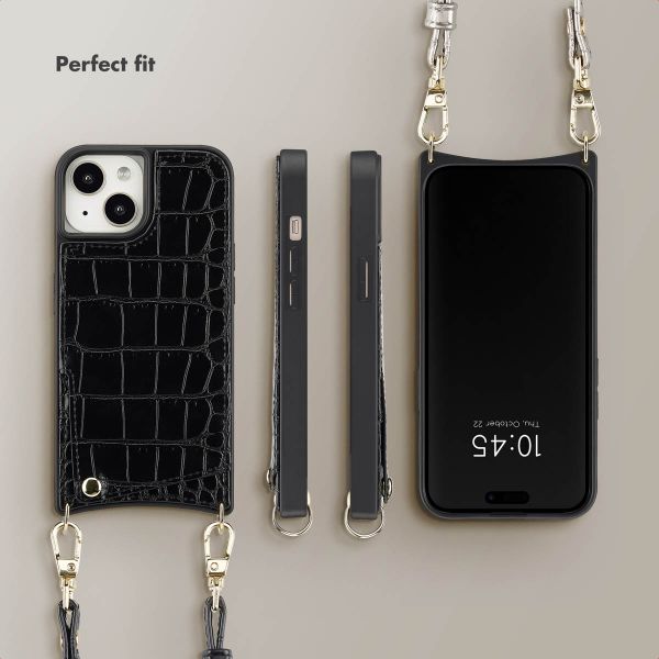 Selencia Nova Croco Phone Case with Cord and Card Holder Apple iPhone 15 - Black