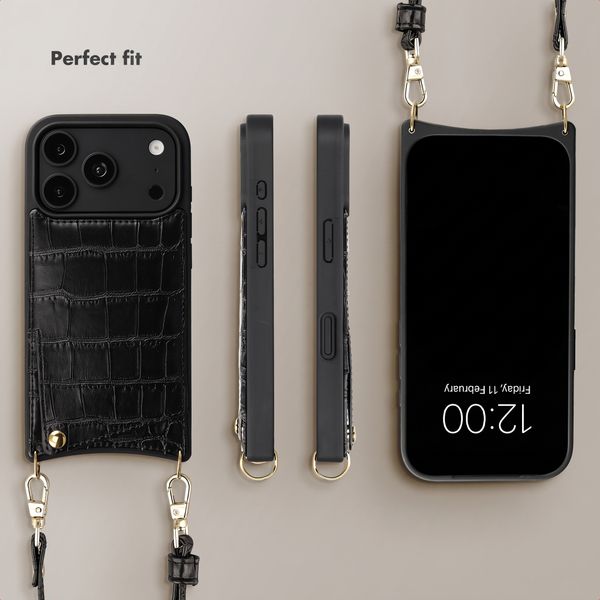 Selencia Nova Croco Phone Case with Cord and Card Holder Apple iPhone 18 Pro / 17 Pro - Black