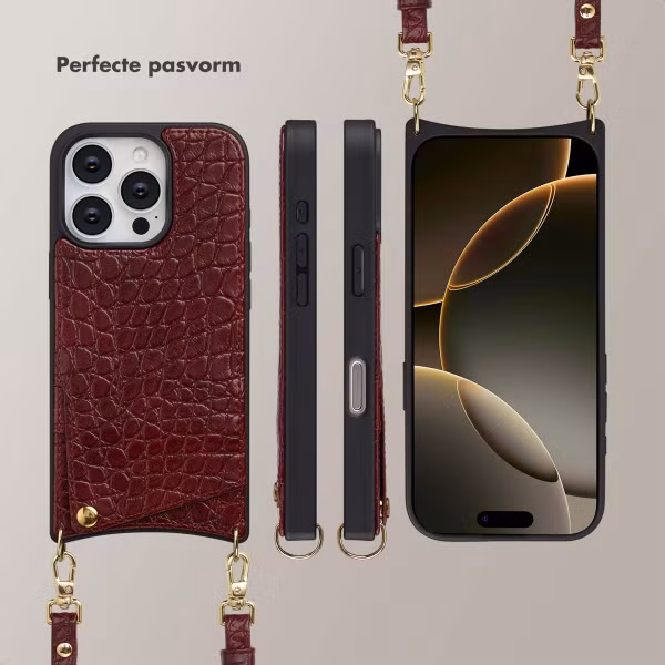 Selencia Nova Croco Telefoonhoes met Koord en Pashouder Apple iPhone 16 Pro - Burgundy