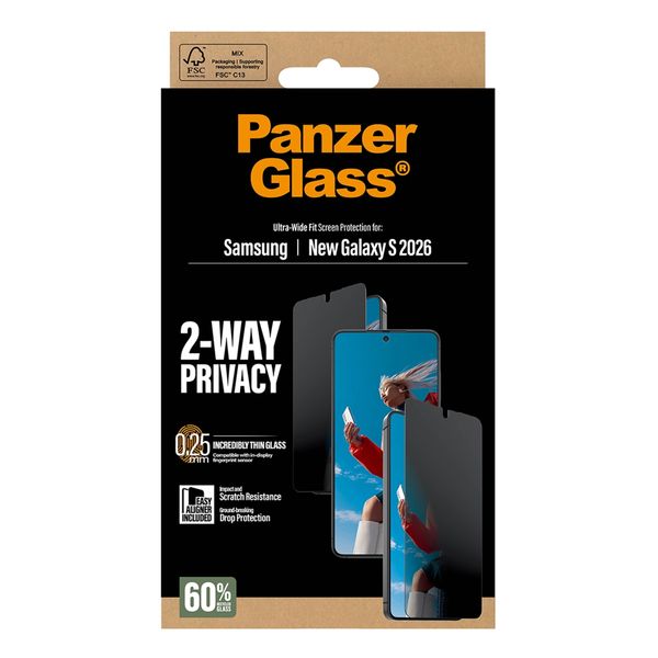 PanzerGlass Privacy Ultra-Wide Fit Anti-Bacterial Screenprotector incl. applicator Samsung Galaxy S26