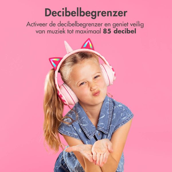 imoshion Kids Unicorn LED Light Bluetooth Headphones - Kinder koptelefoon met decibelbegrenzer - Draadloze koptelefoon + AUX kabel - Pink / Hot Pink