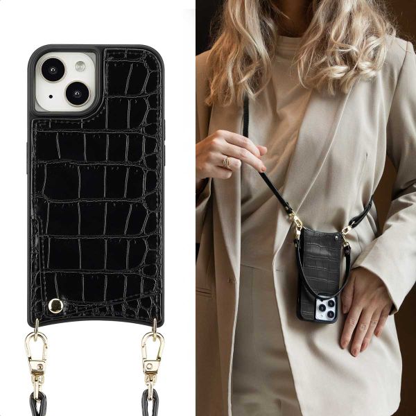 Selencia Nova Croco Telefoonhoes met Koord en Pashouder Apple iPhone 15 - Zwart