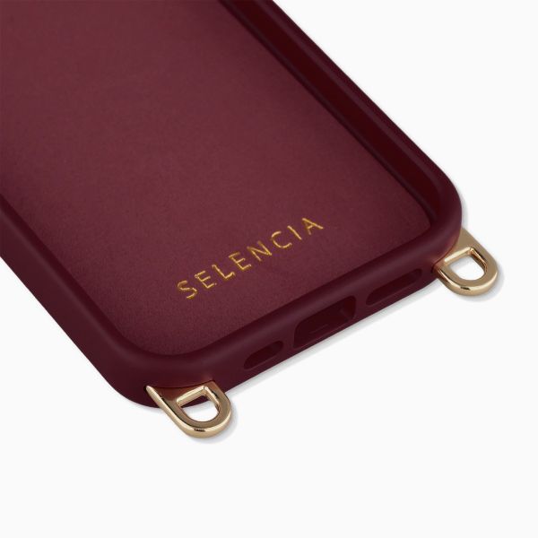 Selencia Rivièra MagSafe Backcover met afneembare haakjes voor de Apple iPhone 15 Pro - Bold Burgundy + Sorbet Pop Polskoord - Pink