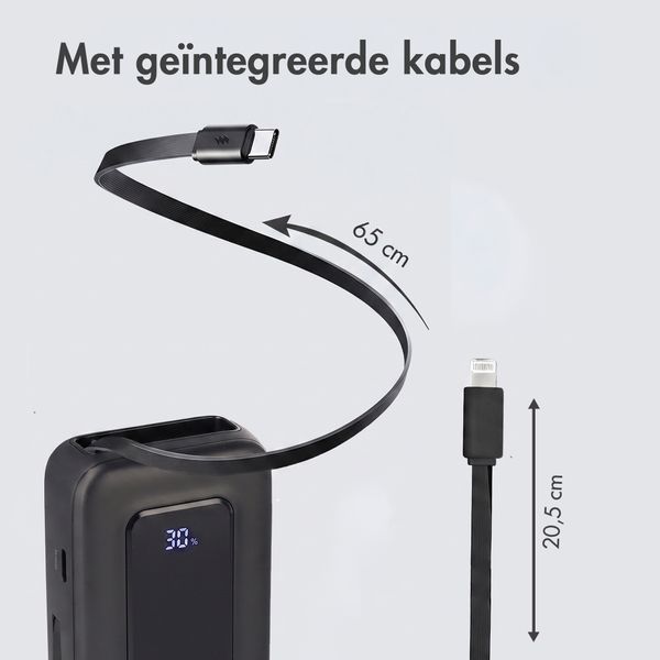 imoshion Powerbank met uittrekbare kabel 10.000 mAh - Power Delivery - USB-C + Lightning - Zwart