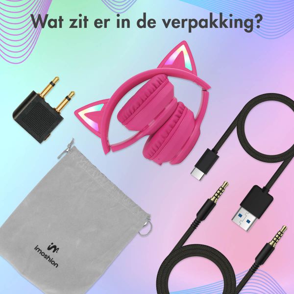 imoshion Draadloze Kinderkoptelefoon LED Light Cat Ear - Decibelbegrenzer - Met AUX kabel - Hot Pink