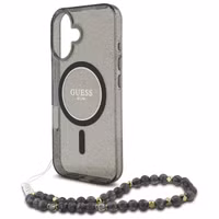 Guess MagSafe IML Glitter Case met beads strap Apple iPhone 16 - Zwart