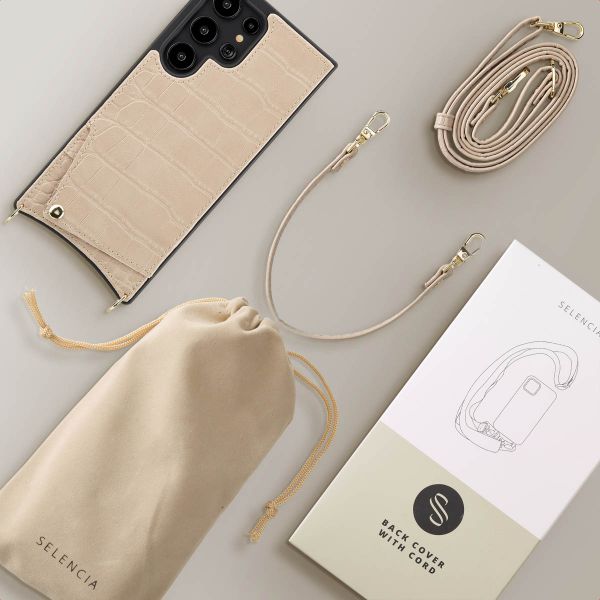 Selencia Nova Croco Telefoonhoes met Koord en Pashouder Samsung Galaxy S24 Ultra - Beige